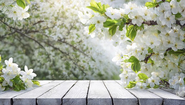 Spring nature background with blossoming flowers and rustic wooden table, AI generated