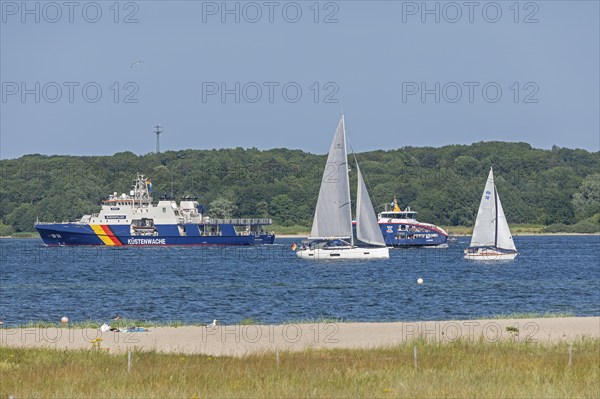 Boats, coastguard, ferry, sailing boats, Kiel Week, Falckensteiner Strand, Kiel Fjord, Kiel, Schleswig-Holstein, Germany, Europe