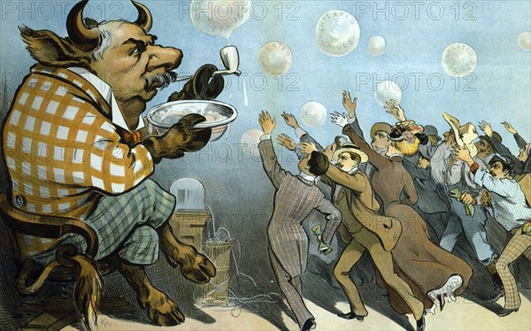 Wall Street bubbles:, Always the same. J. Pierpont Morgan (1837-1913), American financier who, as a bull, inflated bubbles with inflated values that a group of people greedily grabbed. From Puck, New York 1901. telegraph ticker tape