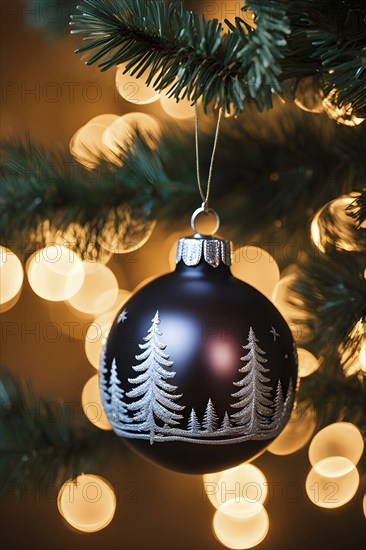 Christmas ornament hanging on a tree, with reflections of twinkling lights and fireplace flames flickering in the background, AI generated