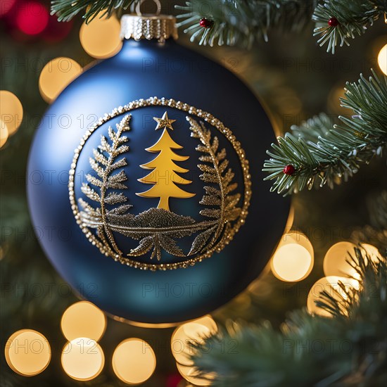 Christmas ornament hanging on a tree, with reflections of twinkling lights and fireplace flames flickering in the background, AI generated