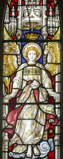 Detail of stained glass window depicting an angel, Clayton and Bell, Boulge church, Suffolk, England, UK - Suffolk Regiment memorial 1900