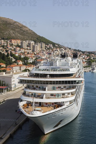 High angle view of Seabourn Encore cruise ship docked in port of Gruz, Dubrovnik, Croatia, Europe