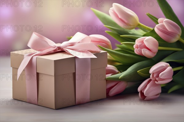 Gift Box with Pink Ribbon Beside bouquet of Fresh Tulips on Bokeh Background. Good for Valentine day, March 8, mother day, spring holidays, birthday designs, AI generated