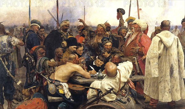 Reply of the Zaporozhian Cossacks to Sultan Mehmed IV of the Ottoman Empire, 1880-91. Oil on canvas. Ilya Repin (1844-1930), Russian artist. Political and military power from the 16th century until its dissolution by Russia in the 18th century