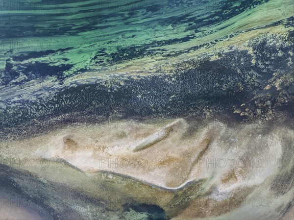 Aerial photograph, top down view of a sandbank and current lines in the riverbed of the Rhine, Lake Constance, district of Constance, Baden-Württemberg, Germany, Europe