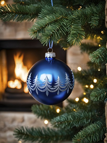 Christmas ornament hanging on a tree, with reflections of twinkling lights and fireplace flames flickering in the background, AI generated