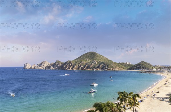 Cabo San Lucas, Mexico, Scenic panoramic aerial view of Los Cabos landmark tourist destination Arch of Cabo San Lucas, El Arco, whale watching and snorkeling spot, Central America