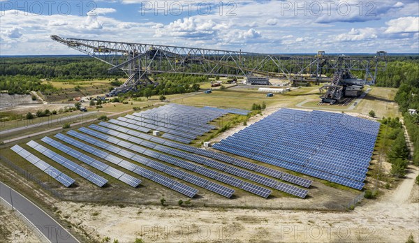 Solar plant at conveyer brigde F60 in Lichterfeld, now a museum left after coal mining. Two excavators together were able to skim a maximum of 60 metres of overburden, hence the name F60, Lusatia, Brandenburg, Germany, Europe