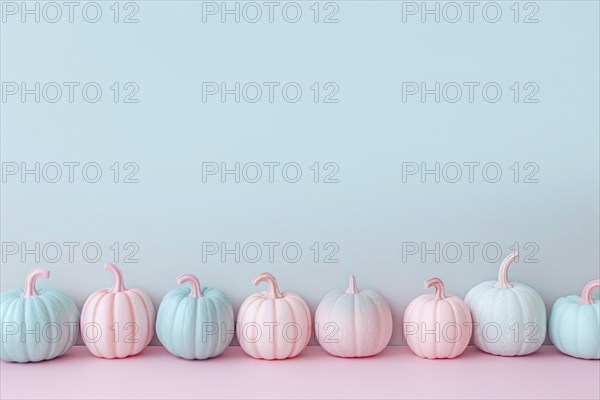 Small pastel pink and blue pumpkins in a row on pastel background with copy space. Generative AI, AI generated