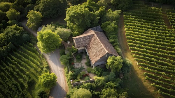 AI generated aerial view of a rustic vineyard cottage nestled amidst lush summer colored vine leaves