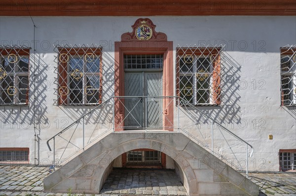 Entrance portal of the former chancellery and banqueting hall wing of the ducal residence, then rent office, now tax office, Spitalwinkel 3, Hiltpoltstein, Middle Franconia, Bavaria, Germany, Europe