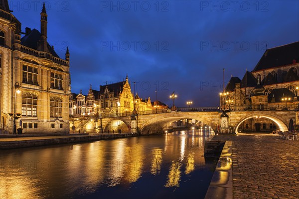 Ghent canal, bridge (Michielshelling street) in the evening. Ghent, Belgium, Europe