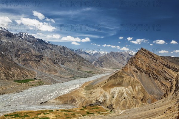 View of Spiti valley and Spiti river ladnscape in Himalayas. Spiti valley, Himachal Pradesh, India, Asia