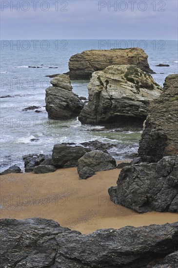 Sea stacks at the Plage des Cinq Pineaux at Saint-Hilaire-de-Riez, La Vendée, Pays de la Loire, France, Europe