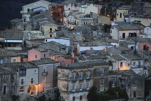 City of Ragusa, houses in the old town of Ragusa Superiore at blue hour, Sicily, Italy, Europe