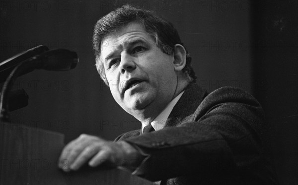 A rally of the Christian Democratic Union (CDU) with CSU Chairman Franz-Josef Strauss in Duisburg on 12 December 1974. Kurt Biedenkopf at the lectern, Germany, Europe