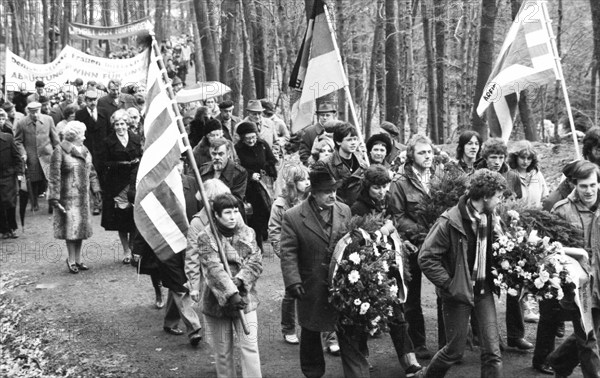 The tribute to those murdered by the Nazis on Good Friday 1945 was also a demonstration against neo-Nazism in Rombergpark on 04.04.1980 in Dortmund, Germany, Europe