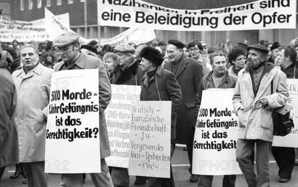 Organisations of French Jews and German Nazi victims demonstrated for a condemnation of Gestapo and SS man Kurt Lischka, who was responsible for the deportation of 76, 000 Jews in France during the war, in Cologne, Germany, 31 January 1980, Europe