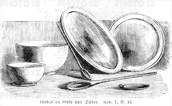 Gifts of gold and silver, gift, gift, silver bowl, 130 shekels, two bowls, Moses, Old Testament, Genesis, Fourth Book of Moses, chapter 7, verse 13, historical illustration circa 1850