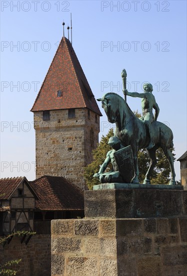 The equestrian statue and the Bulgarian tower of Veste Coburg, Upper Franconia, Bavaria, Germany, Europe