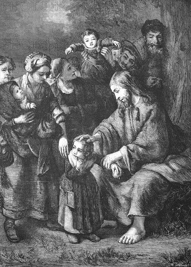 Jesus Christ blesses the children, after a motif by Rembrandt, Historical, digitally restored reproduction of a 19th century original