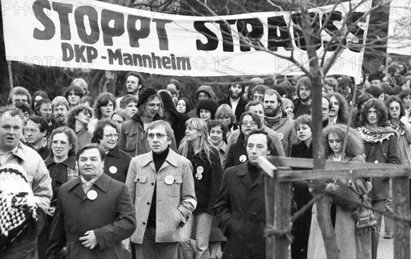 The party congress of the National Democratic Party of Germany (NPD) triggered protests against neo-Nazism, fascism and war on 08.12.1979 in Ketsch, Germany, Europe