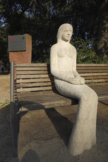 Sculpture Snow White on the Park Bench by Bettina Seitz 2015 in Lohr am Main, Lower Franconia, Franconia, Spessart, Bavaria, Germany, Europe