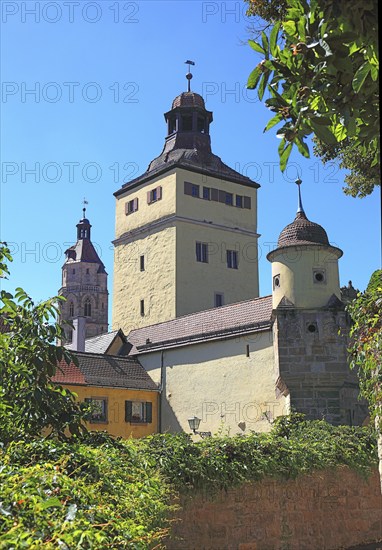 Germany, Middle Franconia, town of Weissenburg, the Ellinger Gate and the steeple of St Andrew's Church, Europe