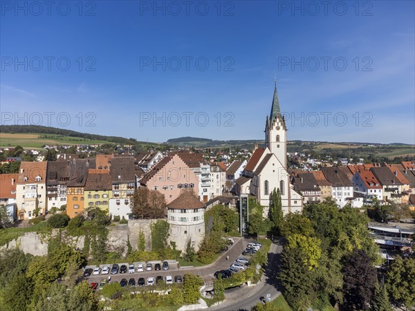 Aerial view of the town of Engen with the Church of the Assumption of the Virgin Mary, Constance district, Baden-Württemberg, Germany, Europe