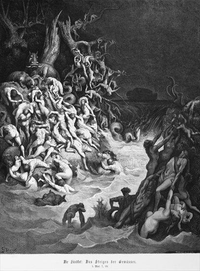 Bible, the flood of sin or deluge, rising of the waters, Genesis, 7, 19, Moses, Old Testament, sin, naked humanity, crowd, flood, drowning, God's punishment, fear, flee, dark sky, historical illustration 1885