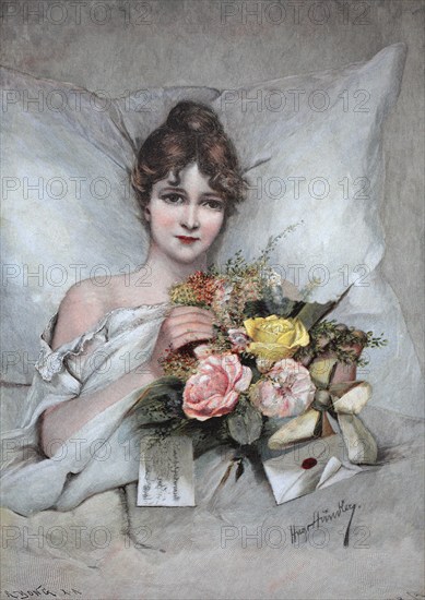 Young woman with a bouquet of flowers, colour print as art supplement Zur guten Stunde, 1897. After a painting by Hugo Händler, Geburtstagsmorgen, Historic, digitally restored reproduction of a 19th century original, exact original date not known