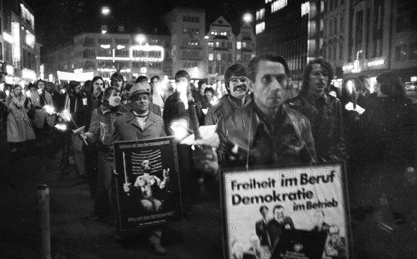 Nazi victims, some in concentration camp uniforms, demonstrated against the occupational bans caused by the Radical Decree on 23 October 1975 in Bonn. The call was made by the Association of Persecuted Persons of the Nazi Regime (VVN), Germany, Europe