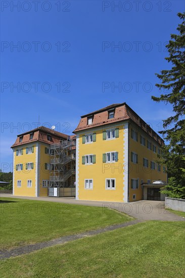 Grafeneck Castle, former hunting lodge of the Dukes of Württemberg around 1560, later summer residence of Duke Carl Eugen von Württemberg, Grafeneck killing centre during the Third Reich, today home for the disabled run by the Samaritan Foundation and memorial site, documentation centre, historical building, architecture, external fire escape, fire safety regulations, Gomadingen-Grafeneck, Swabian Alb, Baden-Württemberg, Germany, Europe