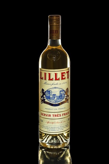 Minsk, Belarus, April 5, 2018, bottle of flavored wine Lillet isolated on black, Europe