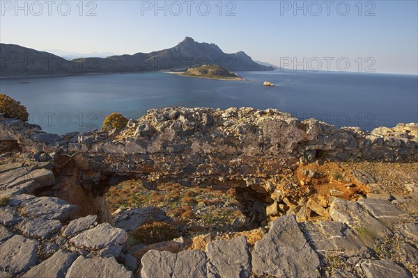 Venetian sea fortress Gramvoussa, lagoon, island, ridge, stone slabs, ruins, blue cloudless sky, Gramvoussa peninsula, Pirate Bay, Balos, Tigani, West Crete, island of Crete, Greece, Europe