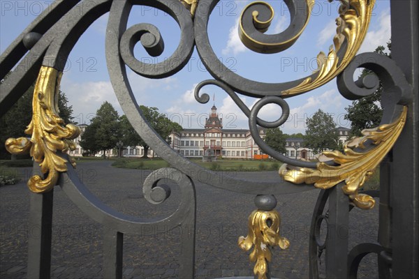 View through golden metal grids to Philippsruhe Castle, ornamentation, detail, Kesselstadt, Hanau, Hesse, Germany, Europe