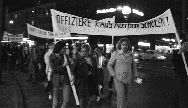 Left-wing and pacifist demonstration for the anti-war day on 1.9.1971 in Bochum.banner:Officers out of the schools, Germany, Europe