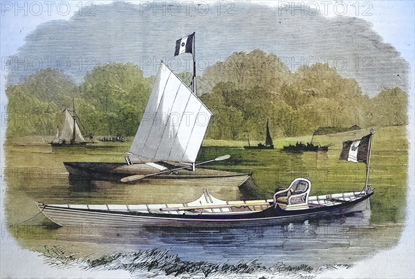 Armchair on a boat, canoe, of the Empress Eugénie de Montijo (woman of Napoleon III), 1865, France, Historic, digitally restored reproduction of a 19th century original, exact original date unknown, Europe