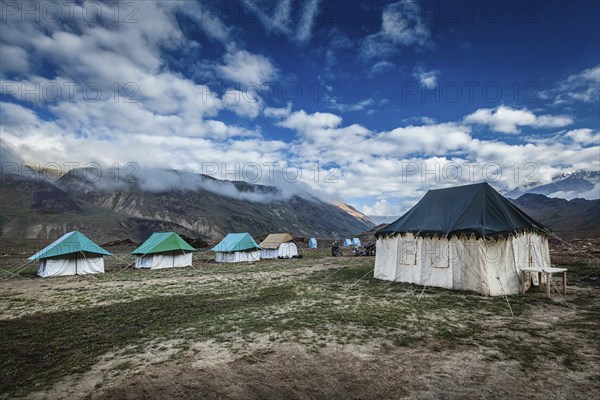 Tent camp in Himalayas in the morning. Spiti Valley, Himachal Pradesh, India, Asia