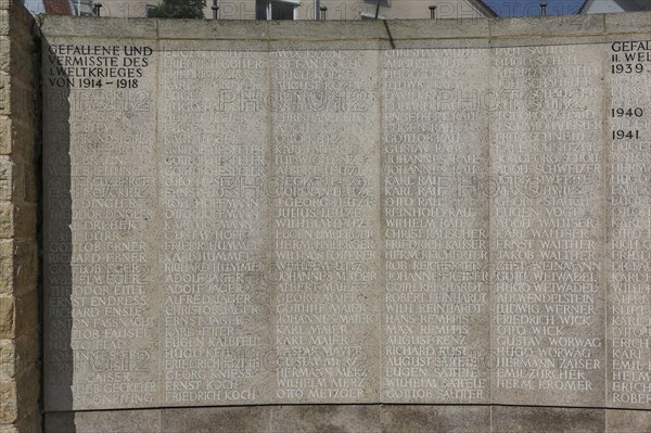 Memorial plaque at the Protestant St. Andrew's Church, memorial, lists of names of the fallen and missing, World War I and World War II, Eningen unter Achalm, Baden-Württemberg, Germany, Europe