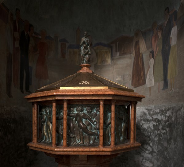 Baptismal font, church Basilica Parrocchiale SS. Filippo e Giacomo, Cortina d'Ampezzo, Province of Belluno, Veneto, South Tyrol, Italy, Europe