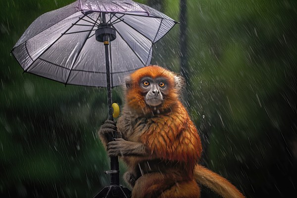 Titi monkey on a branch with a rain umbrella under a heavy shower in the rainforest, AI Generated