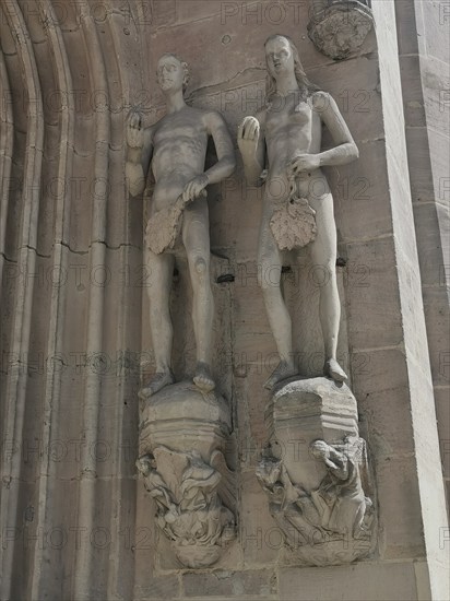 Adam and Eve at the main portal, Morizkirche, Evangelical Lutheran Town Church of St. Moriz, Coburg, Upper Franconia, Bavaria, Germany, Europe