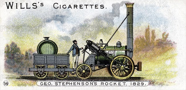 Stephenson's Rocket locomotive, which won a competition for locomotives for the Liverpool & Manchester Railway in Rainhill Bridge, Manchester, on 14 October 1829. Chromolithograph 1900