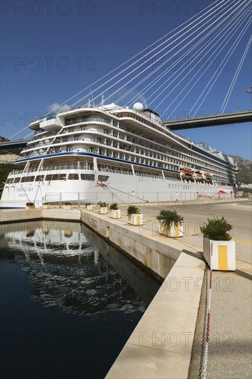 Docked Viking Sea cruise ship and Franjo Tudman bridge, Port of Gruz, Dubrovnik, Croatia, Europe