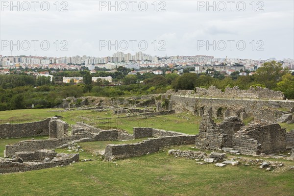 High angle view of old stone wall structures at ancient 3rd century Roman ruins of Salona near modern city of Solin in late summer, Croatia, Europe