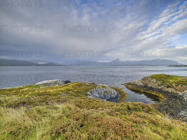 View of the surrounding mountains along the Atlantic Road, part of the Atlantic Road, Atlanterhavsveien, Møre og Romsdal, Norway, Europe