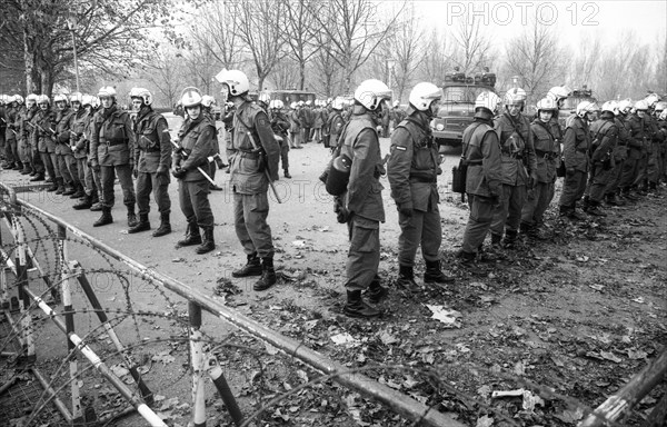 The party congress of the National Democratic Party of Germany (NPD) triggered protests against neo-Nazism, fascism and war on 08.12.1979 in Ketsch, Germany, Europe