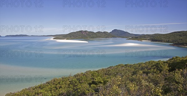 Areal view of white sandy beaches and turquoise blue water in the bay of Whitehaven Beach on Whitsunday Island in the Coral Sea, Queensland, Australia, Oceania